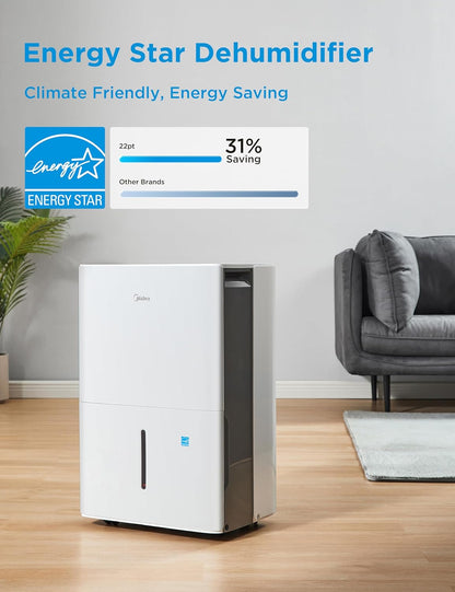Midea Dehumidifier - 1,500 Sq. Ft. Energy Star Certified | 22 Pint Capacity for Basements & Medium Rooms (White)
