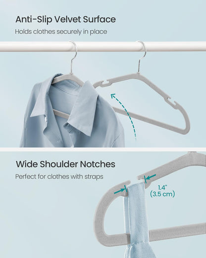 SONGMICS Kids Hangers - 50 Pack Non-Slip Velvet Baby Hangers | Space-Saving Design, Dove Gray, 14 x 8 Inches