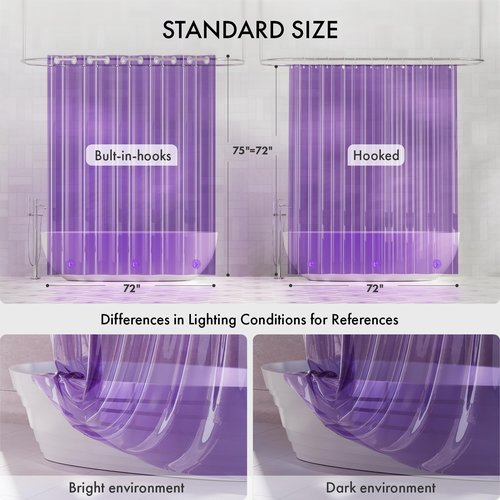 AmazerBath No Hook Shower Curtain and Liner 3-in-1, 8G Luxury Heavy Duty Clear Purple No Hook Shower Curtain Liner, 72x75 Cute EVA Bathroom Weighted Plastic Shower Curtain with 3 Heavyweight Stones