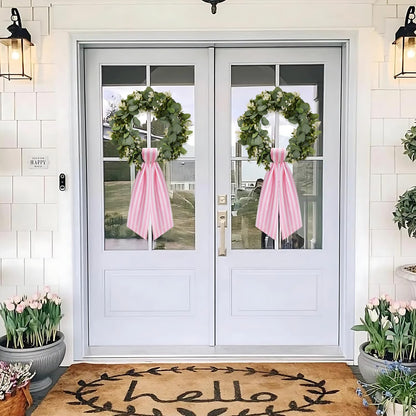 Skiennix Wreath Sash - 2 Pack Boxwood Garland for Front Door Decor | Pink and White Stripe