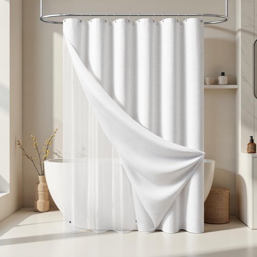 Dynamene Extra Wide Shower Curtain and Liner Set - 108 inch Wide Waffle Fabric, Waterproof Clear Liner, Heavy Duty Weighted Hotel Luxury Cloth Shower Curtains for Bathroom with 16 Hooks, 108x72, White