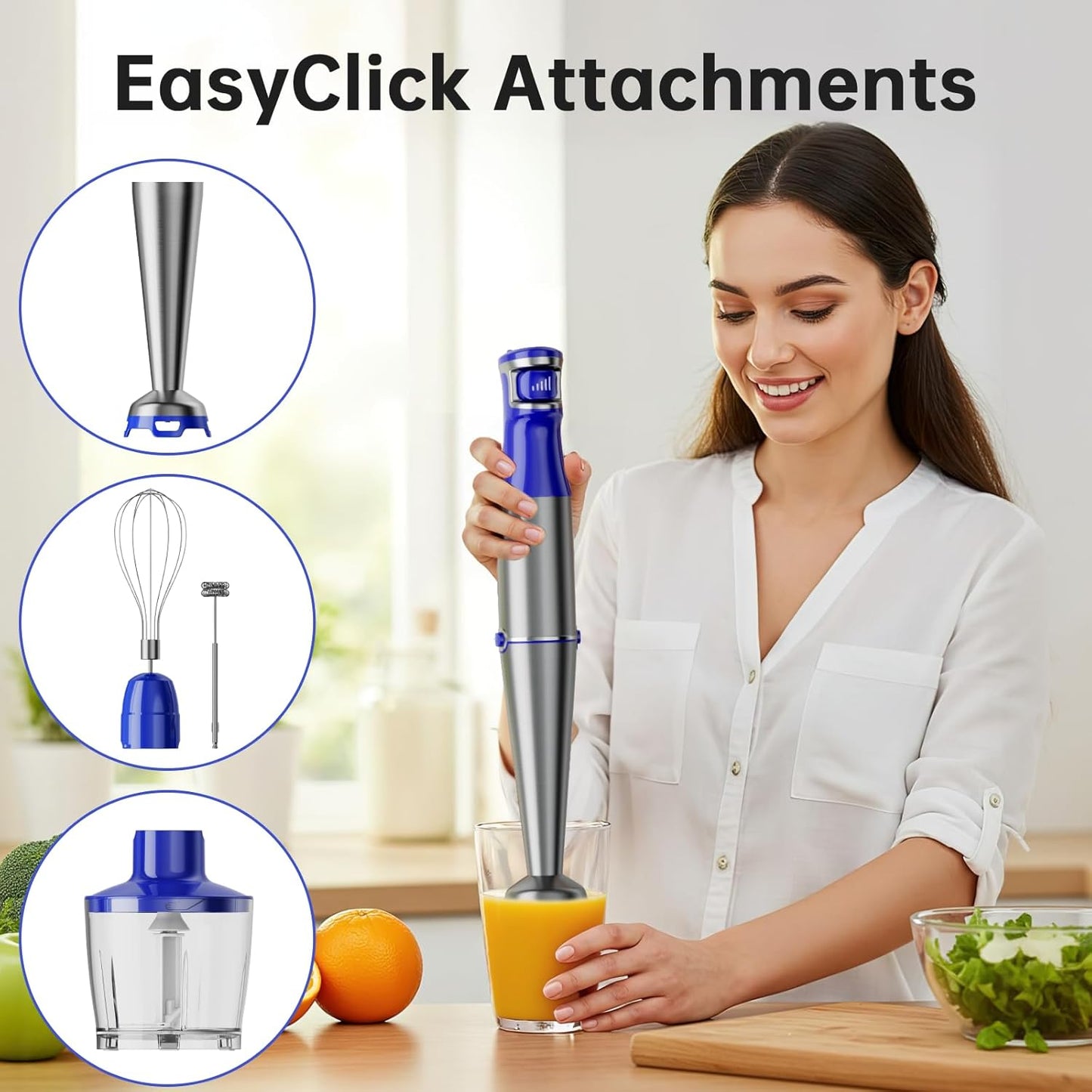 Royal Blue Immersion Blender - 1100W Handheld Stick Blender Set with Variable Speed, Chopper, Whisk & Frother
