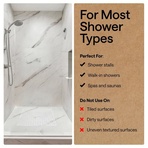 GORILLA GRIP Patented Square Shower Stall Mat, Small Bathtub Floor Mats for Stand Up Showers with Suction Cups and Drainage Holes, Machine Wash, Soft on Feet, Bathroom Accessories 21x21 Inch, White