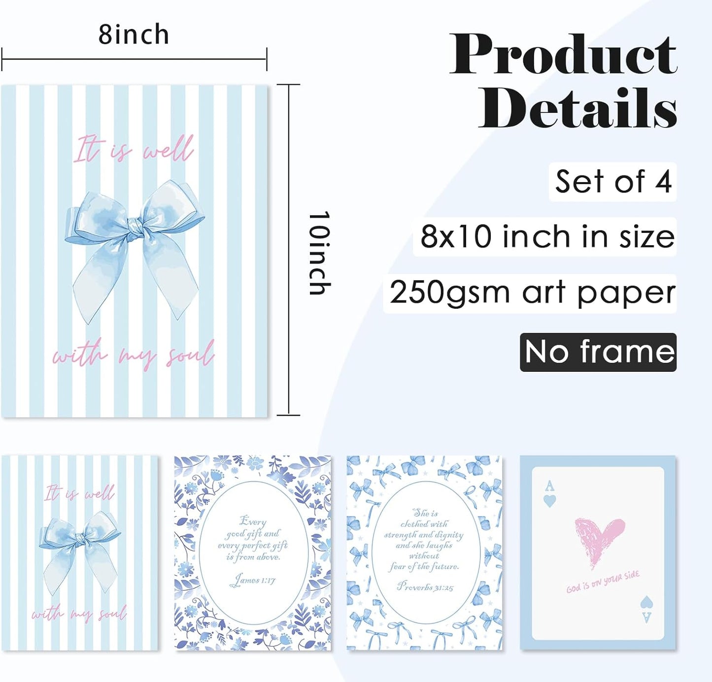 ULEGIE Coquette Blue Bow Wall Art Decor - Inspirational Bible Verses for Teen Girls | 10x8 Inch Set of 4 Unframed