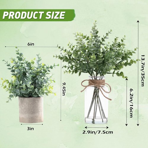 Coforset Eucalyptus Stems in Glass Vase - Realistic Faux Water | 14" Sage Green Decor for Home & Office