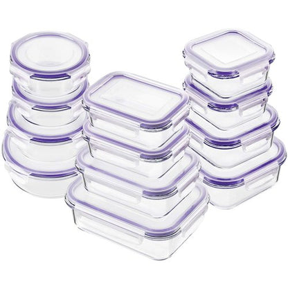 Bayco Glass Food Storage Containers with Lids, [24 Piece] Meal Prep Containers, Airtight Bento Boxes, BPA Free & Leak Proof (12 lids & 12 Containers) - Purple