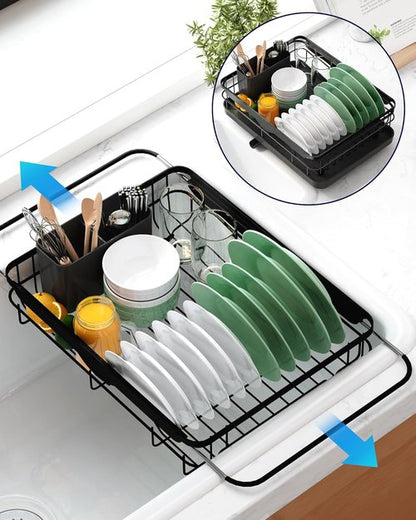 Kitsure Dish Drying Rack - Stainless Steel Kitchen Organizer with Cutlery Holder | 12.2''W x 15.7''~23''L, Black