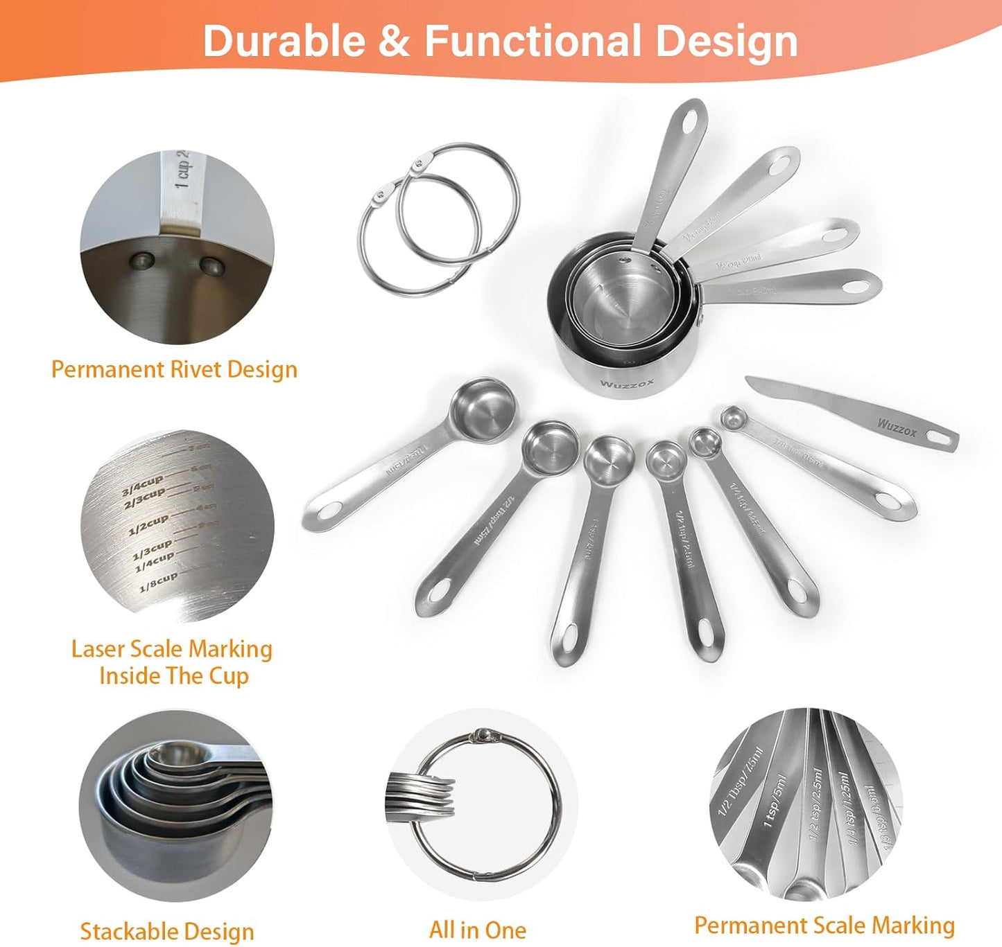 Stainless Steel Measuring Cups & Spoons Set - 11 Stackable Kitchen Gadgets for Cooking & Baking
