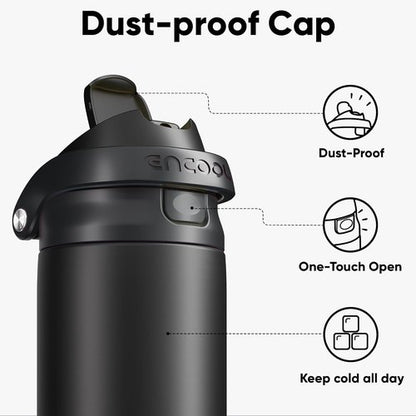 ENCOOL Insulated Water Bottle - Leakproof Dual-Sip Design | Keeps Drinks Cold All Day, 24 oz, Jet Black