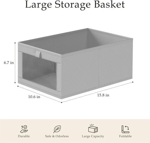 Criusia Linen Closet Organizers - 4 Pack Foldable Storage Baskets for Towels, Clothing, and Books | Grey