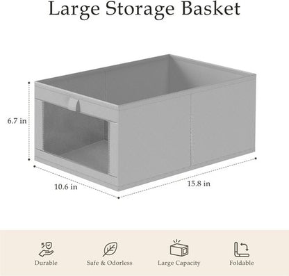 Criusia Linen Closet Organizers - 4 Pack Foldable Storage Baskets for Towels, Clothing, and Books | Grey