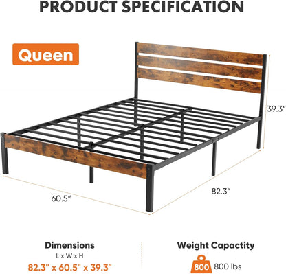 Sweetcrispy Queen Size Bed Frame - Sturdy Metal Support with Headboard & Under Bed Storage, Rust Brown