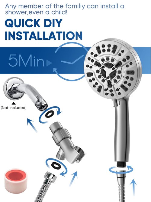 Pavezo® High Pressure Shower Head Handheld 5" Large, Extra Long 60" SS Hose 10-mode Portable Detachable Shower Head with Hard Water Filter for Bathroom, Anti-clog & Powerful to Clean Tile & Pets
