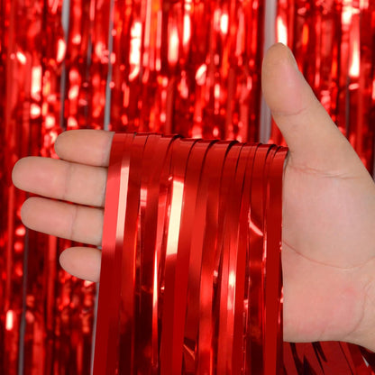 Melsan Red Tinsel Fringe Backdrop - 3.2 x 8 Ft Metallic Foil Curtains for Birthday & Photo Booth | 2 Packs