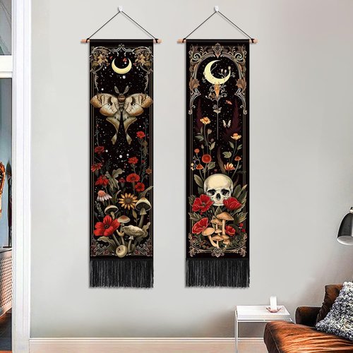 ARTCREATOR Gothic Wall Tapestry - Witchy Moth & Moon Design | Retro Floral Bedroom Decor (12.8 x 51.2 in)