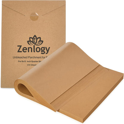 Zenlogy Parchment Paper 9x13 | Unbleached, Non-Stick, High Heat - 200 Pre-Cut Sheets for Baking & Roasting