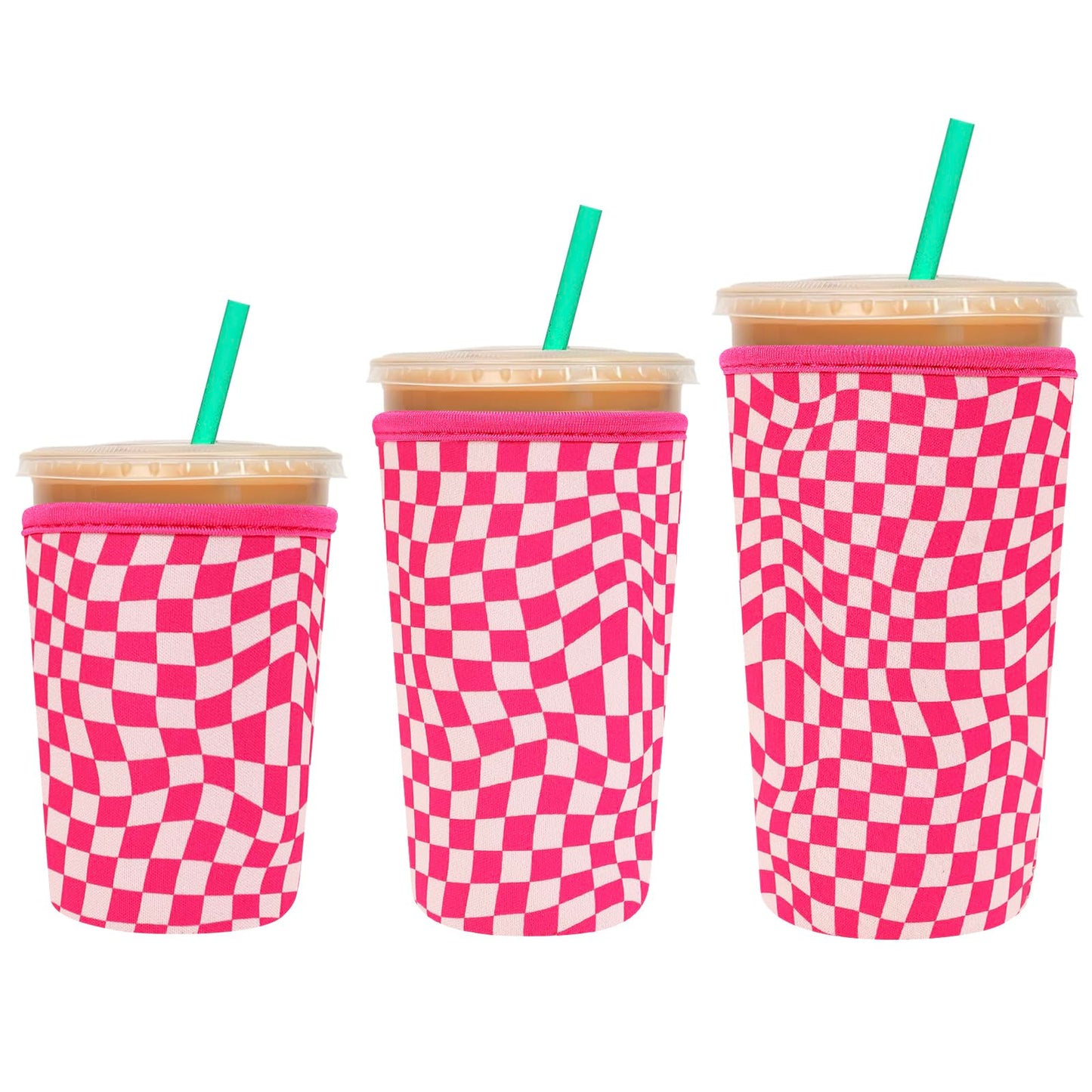 3 Pack Reusable Sleeve for Iced Coffee Cup, Coffee Neoprene Sleeve for Iced&Hot Drinks, Coffee Sleeve Compatible with Starbucks, Dunkin Coffee.(Pink Checkerboard)