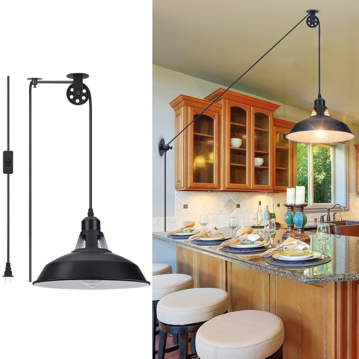 Lomoky Plug in Pulley Pendant Light with 14.76ft Cord On/Off Switch, Industrial Barn Black Hanging Lights with Plug in Cord, Pulley Wall Pendant Lamp for Kitchen Island, Pool Table, Bedroom, 1 Pack