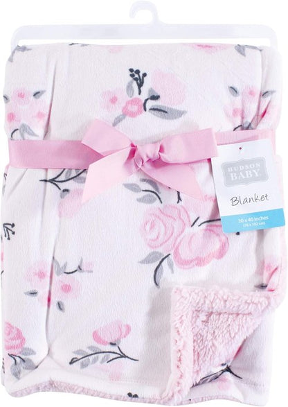 Hudson Baby Plush Mink & Sherpa Blanket - Soft Pink Floral Design | Perfect for Infants