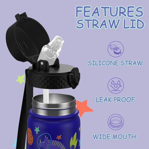GOPPUS Kids Water Bottle - 18oz Vacuum Insulated Stainless Steel Tumbler | Blue Space Dinosaur Design