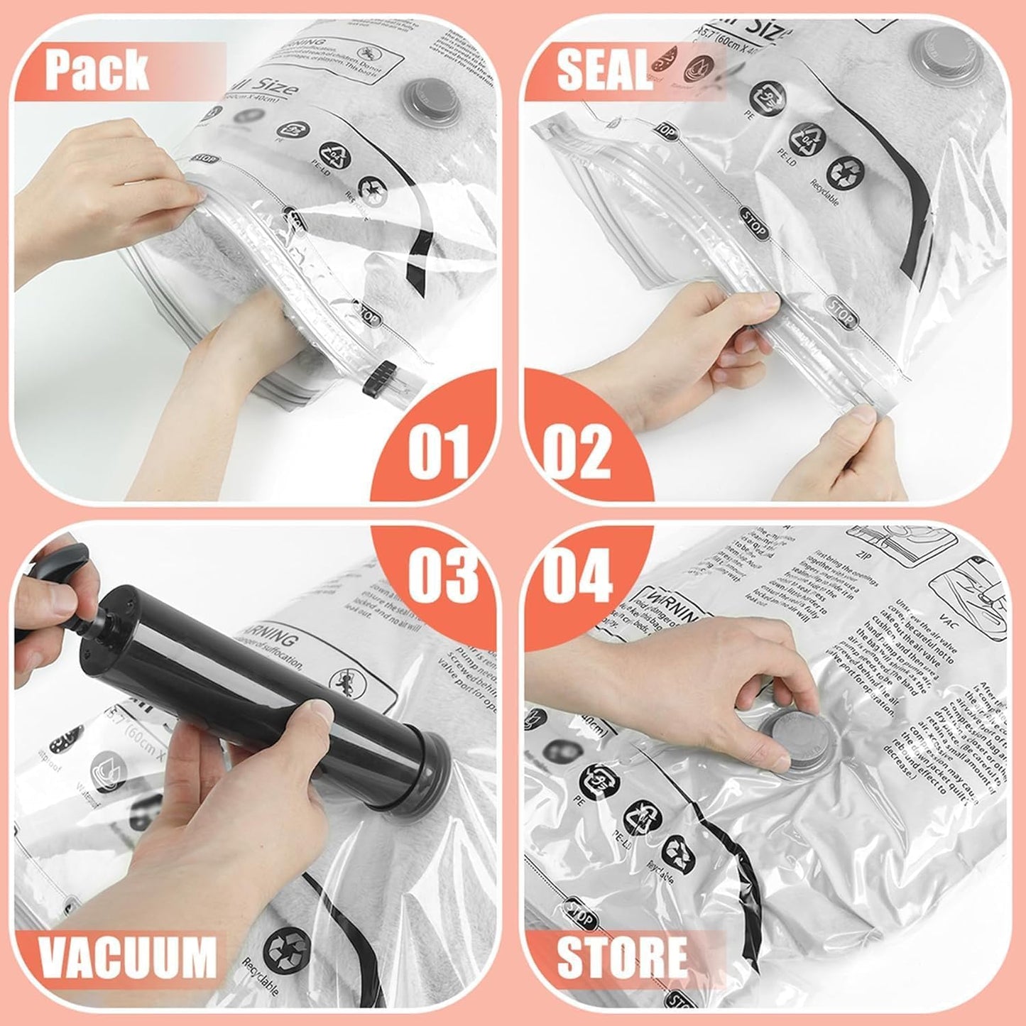 Skiennix Vacuum Storage Bags - Space Saver Compression for Comforters & Blankets | 6 Medium Bags with Hand Pump