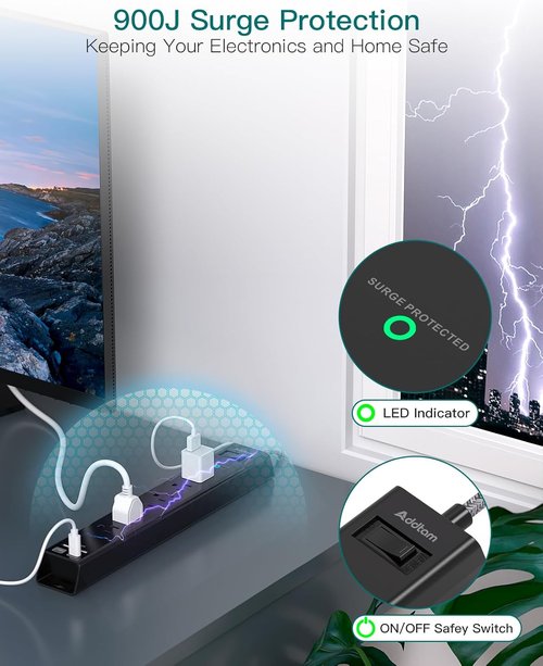 Addtam Surge Protector Power Strip - 6 AC Outlets & 4 USB Ports (2 USB-C) | 1875W Flat Plug for Home & Office