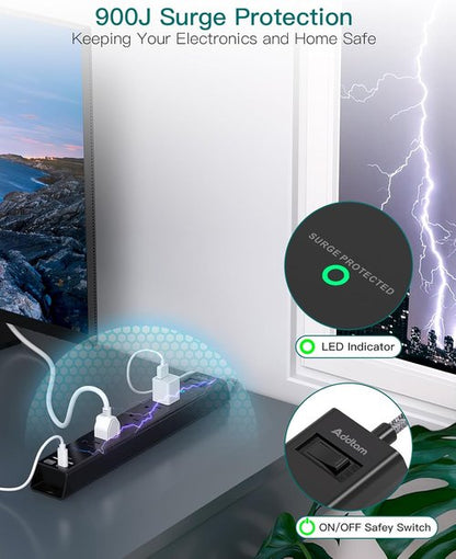 Addtam Surge Protector Power Strip - 6 AC Outlets & 4 USB Ports (2 USB-C) | 1875W Flat Plug for Home & Office