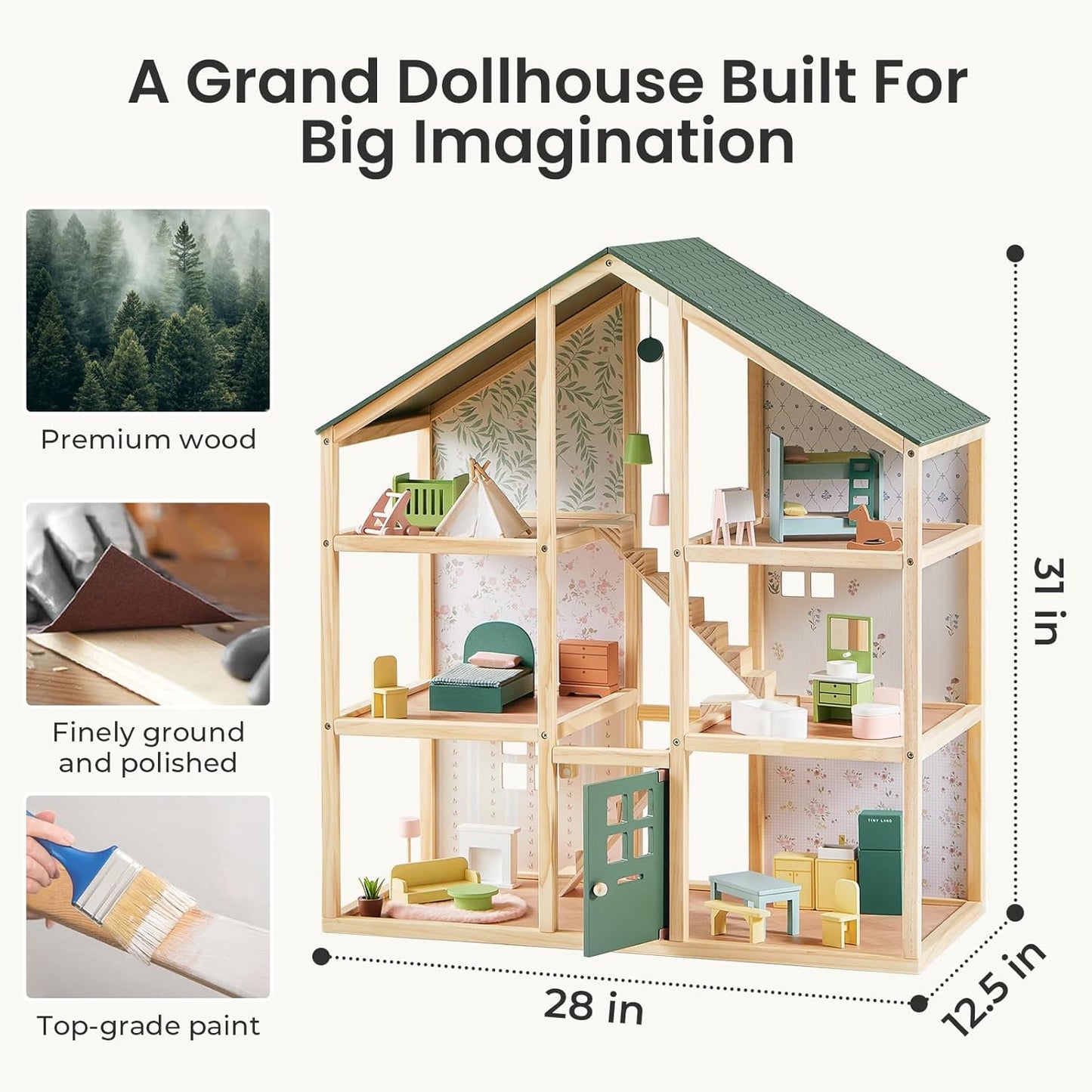 Tiny Land Wooden Dollhouse - 6 Rooms DIY Pretend Play House with 31 Furniture Pieces | Green Gift for Girls Ages 3+