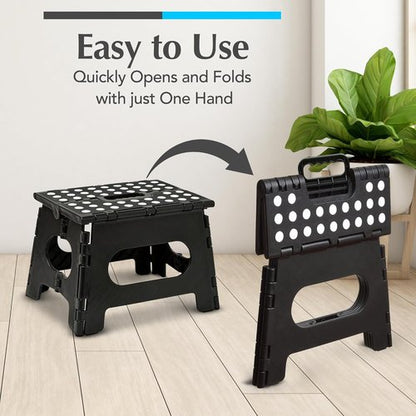 Handy Laundry Folding Step Stool - Sturdy Collapsible Design for Adults & Kids - Easy One-Flip Open - Black, 9 Inch