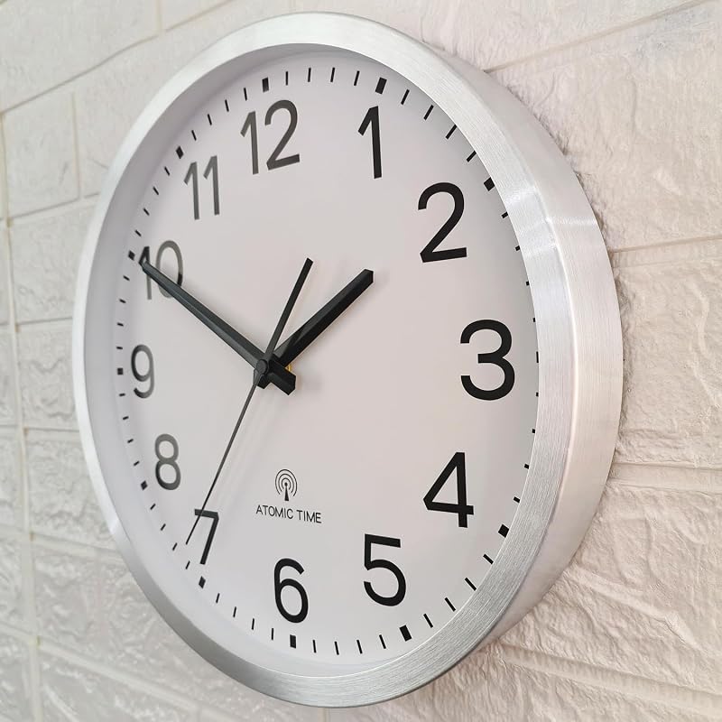 Atomic 12-Inch Wall Clock with Silver Aluminum Frame – Radio Controlled
