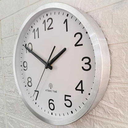 Atomic 12-Inch Wall Clock with Silver Aluminum Frame – Radio Controlled