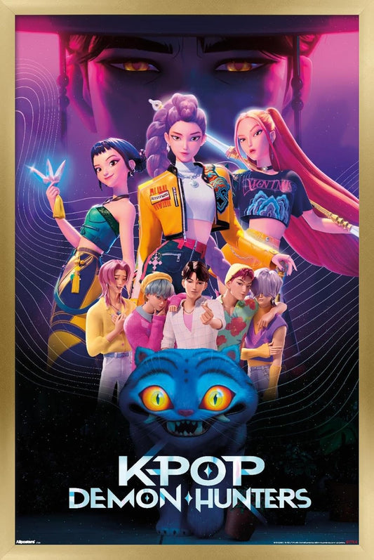 Netflix KPop Demon Hunters Wall Poster - Gold Framed, 22.4L x 14.7W for Stylish Decor