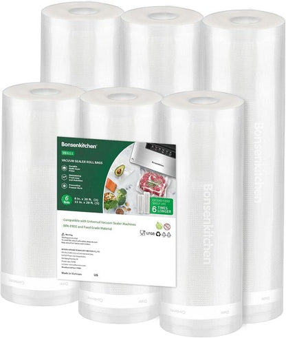 Bonsenkitchen Vacuum Sealer Rolls - 6 Pack of Commercial Grade BPA-Free Bags | 3 Rolls 11" x 20' & 3 Rolls 8" x 20' for Food Storage & Sous Vide Cooking