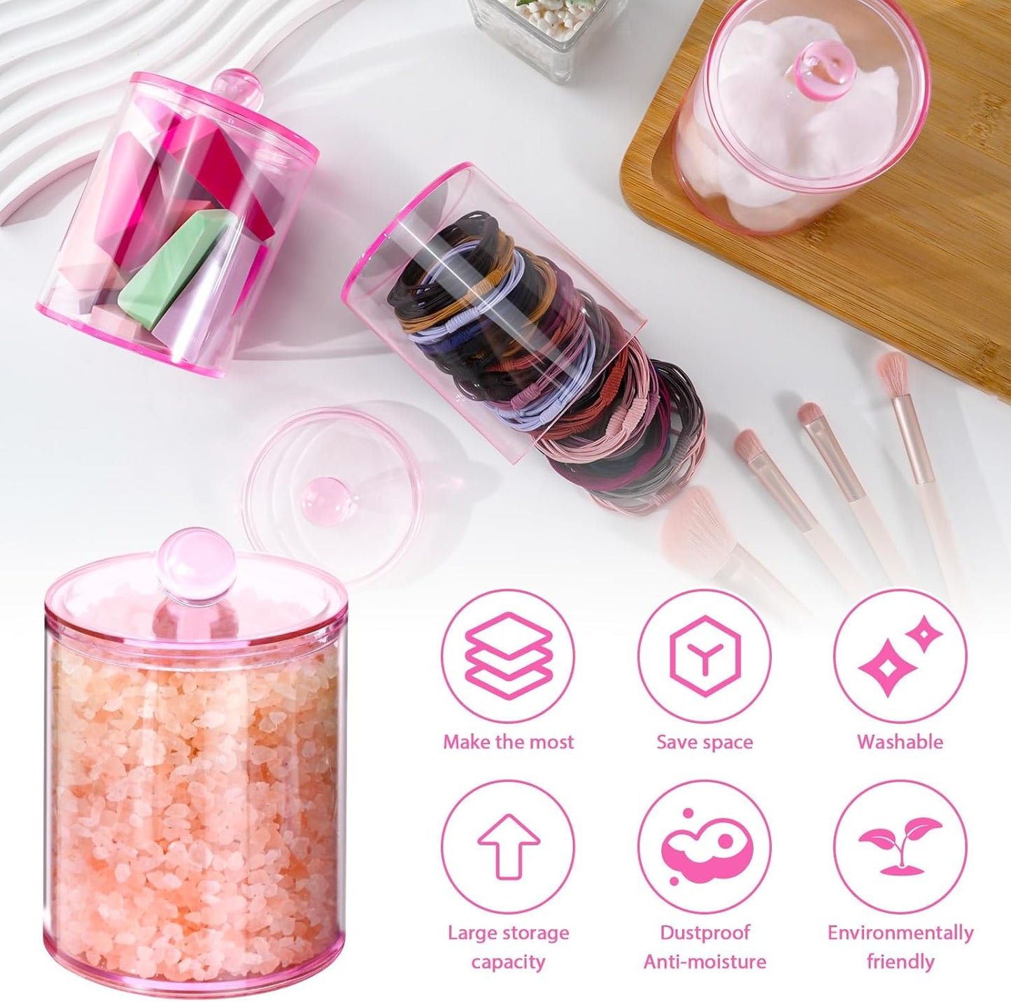 XIPENGKEJI Qtip Holder Set - 6 Pack Apothecary Jars with Lids for Cotton Swabs & Pads | Pink 10oz-12oz