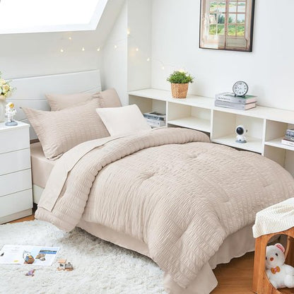 HYMOKEGE Twin XL Comforter Set - 5-Piece Seersucker Luxury Bedding Set in Beige for All Seasons