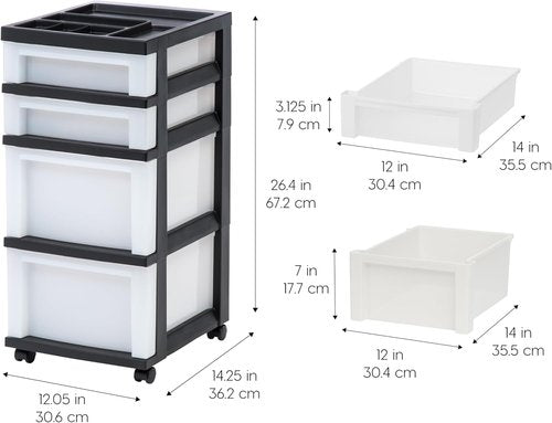 IRIS USA Rolling Drawer Storage Organizer Cart - 4 Spacious Drawers for Art & Craft Supplies | Black/Pearl