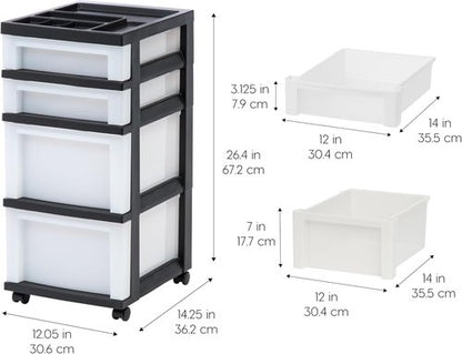 IRIS USA Rolling Drawer Storage Organizer Cart - 4 Spacious Drawers for Art & Craft Supplies | Black/Pearl