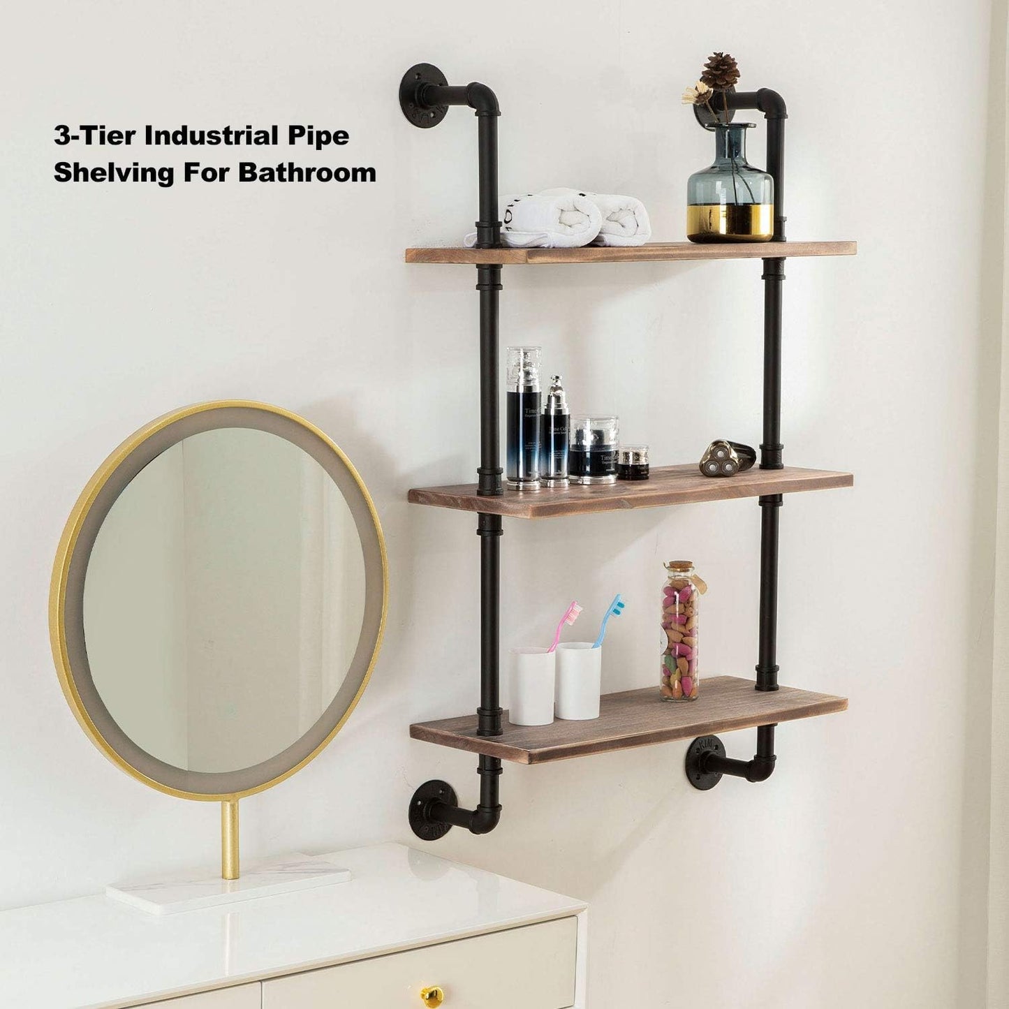 ROGMARS 3-Tier Floating Shelf - Real Pine Wood, Industrial Retro Style | 20"x7.87"x41.3" for Bathroom & Kitchen