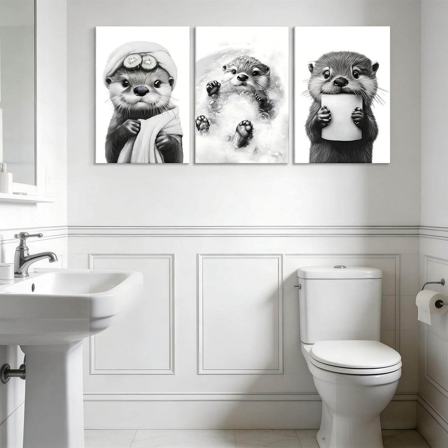 Skiennix Cute Otter Canvas Wall Art - Funny Black and White Bathroom Decor | 3-Piece Set
