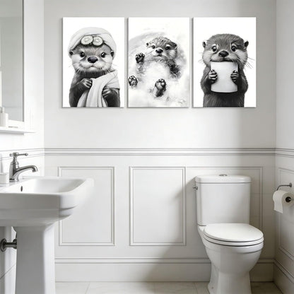 Skiennix Cute Otter Canvas Wall Art - Funny Black and White Bathroom Decor | 3-Piece Set