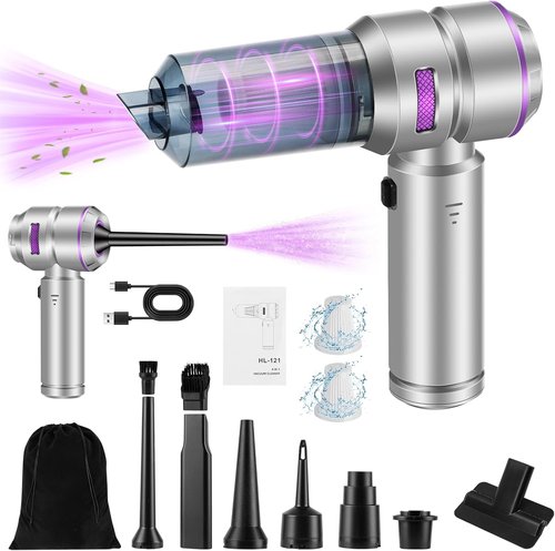 Handheld Car Vacuum - 18000PA High Power Cordless with 4-in-1 Air Duster & Rechargeable Mini Vacuum | Silver Grey & Purple