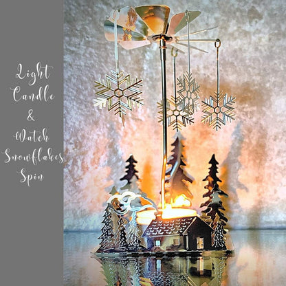 Skiennix Winter Holiday Cabin Silver Candle Spinner - Silver Plated Laser Cut Scene - 5" Tea Light Holder