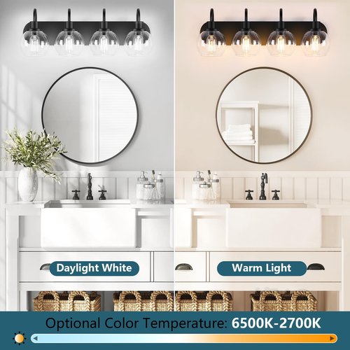 Dpyrrhic Industrial Bathroom Vanity Light， 4-Light Bathroom Lights Over Mirror with Clear Glass Globe Shade and Metal Base, Matte Black Bathroom Vanity Light Fixture