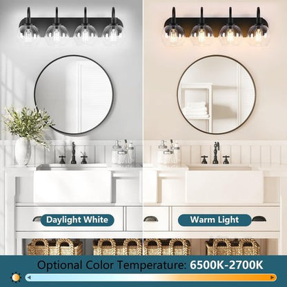 Dpyrrhic Industrial Bathroom Vanity Light， 4-Light Bathroom Lights Over Mirror with Clear Glass Globe Shade and Metal Base, Matte Black Bathroom Vanity Light Fixture