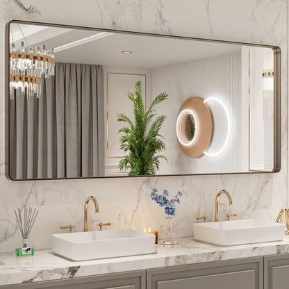 LOAAO 72”X32” Bronze Bathroom Mirrors for Vanity, Rounded Rectangle Brushed Bronze Metal Frame Mirror, Anti-Rust, Tempered Glass, Hangs Horizontally or Vertically