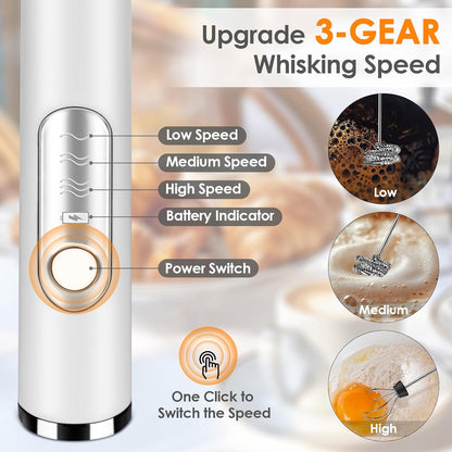 Skiennix Handheld Milk Frother - Rechargeable Electric Foam Maker with 3 Speeds & 2 Whisks | Ideal for Lattes, Cappuccino, Matcha