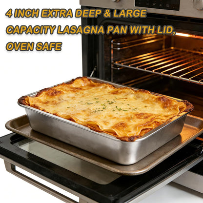 Stainless Steel Baking Pan Set by [Brand Name] - 2-Piece Lasagna & Roasting Pans with Lids | 4-Inch Deep, 7.4 QT & 5.1 QT