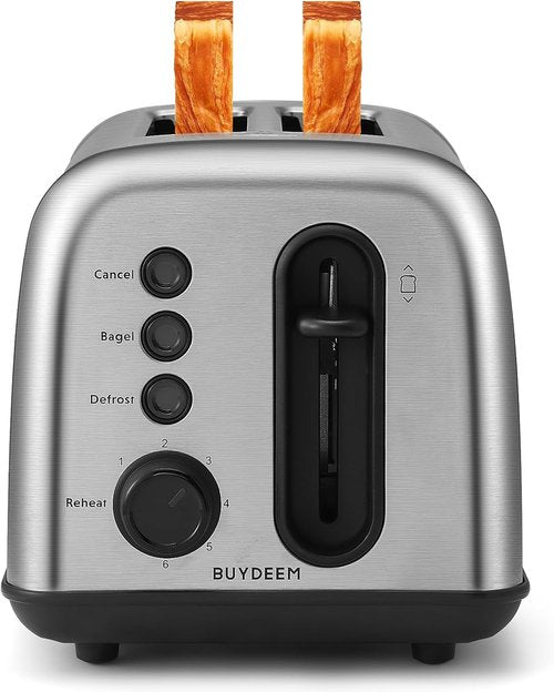 BUYDEEM DT420 Stainless Steel Toaster - Extra Wide Slots for Bagels & Muffins | 6 Shade Settings, Retro Silver