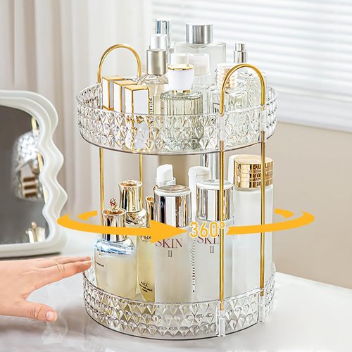 **Rotating Makeup Organizer - 2 Tier Perfume & Skincare Storage for Women | 360 Spinning Clear Design**
