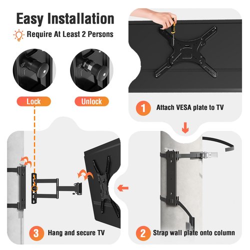 ELIVED Pillar TV Mount for Most 26"-60" TVs, Column TV Mount for Gazebo Patio Pergola, No Drill Full Motion tv Bracket Swivel and Tilt, Fits Multi-Shaped Poles, Max VESA 400x400mm, 77 Lbs. YD0084